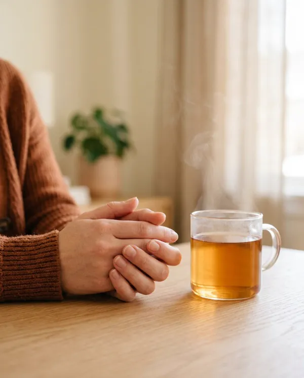 Vrouw met haar handen rustig gevouwen op een lichte tafel naast een glas thee — symbool voor 'eerst jij, daarna werk' binnen het Werkfit-traject en re-integratiecoaching bij UWV-trajecten.